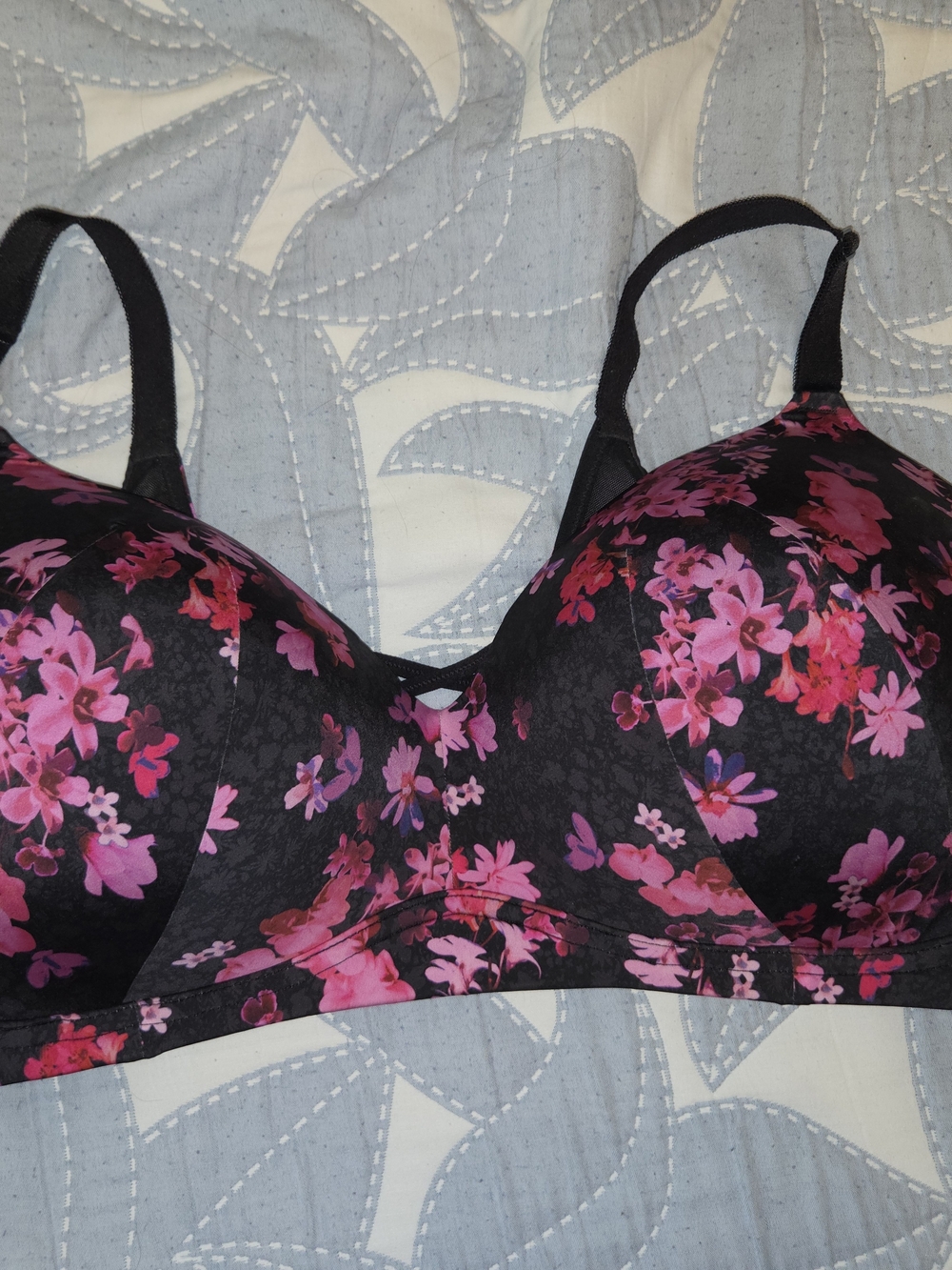 Black Bra with Pink Floral Print - Seamless Support